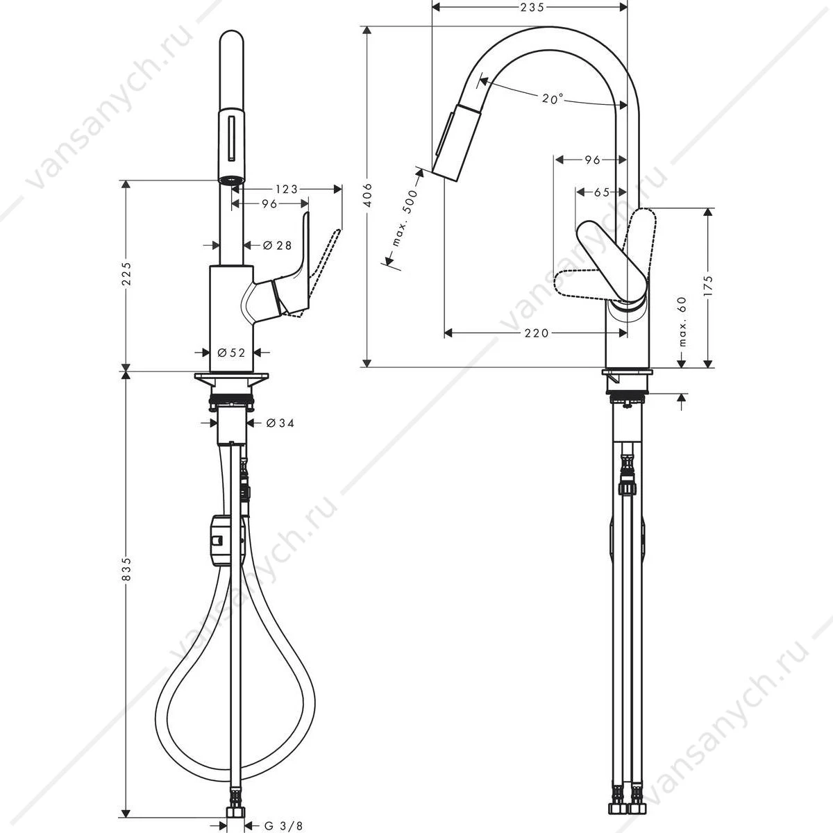 Смеситель для кухни с выдвижным изливом черный матовый HANSGROHE Focus 31815670