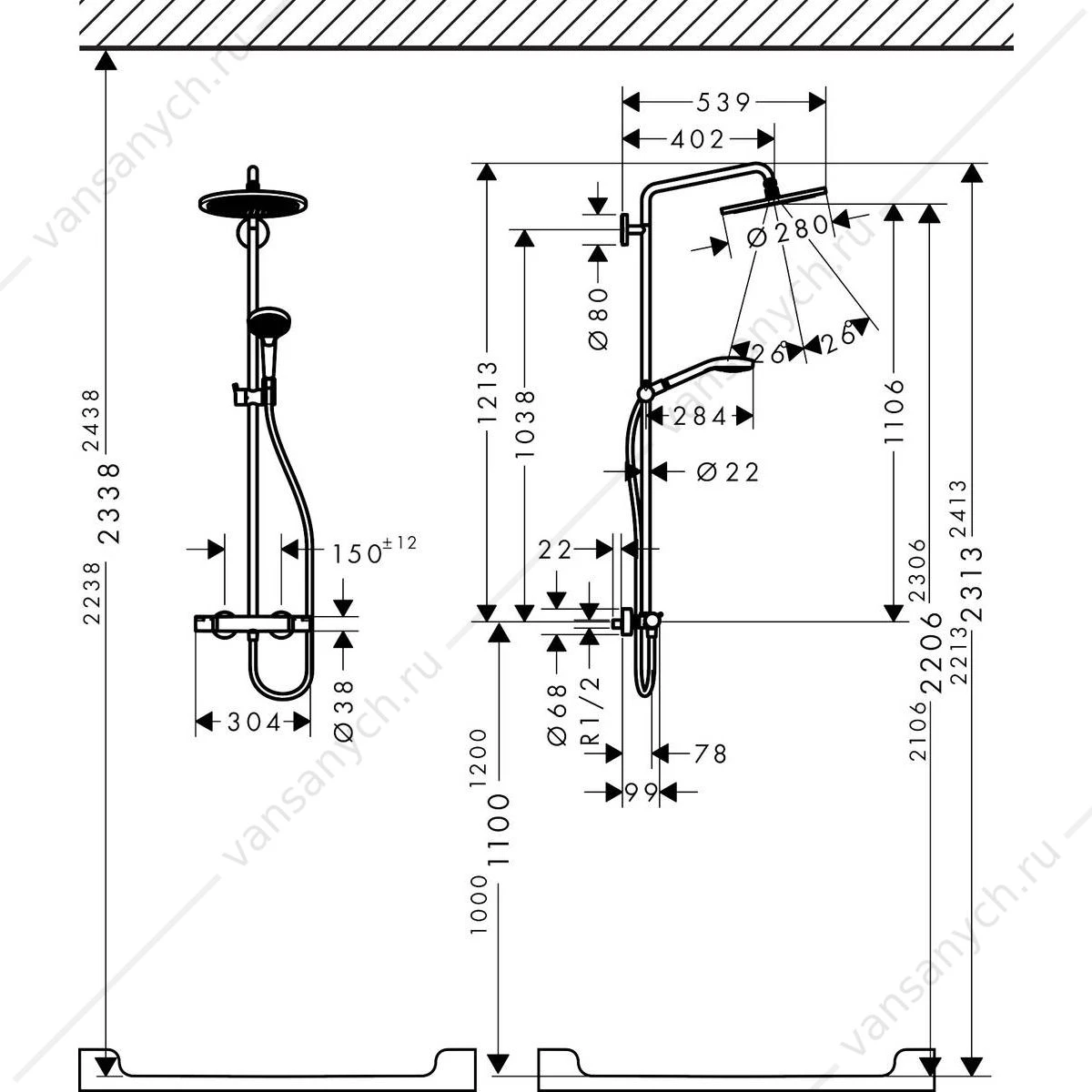 Душевая система с термостатом HANSGROHE Croma Select 280 1jet showerpipe 26790000