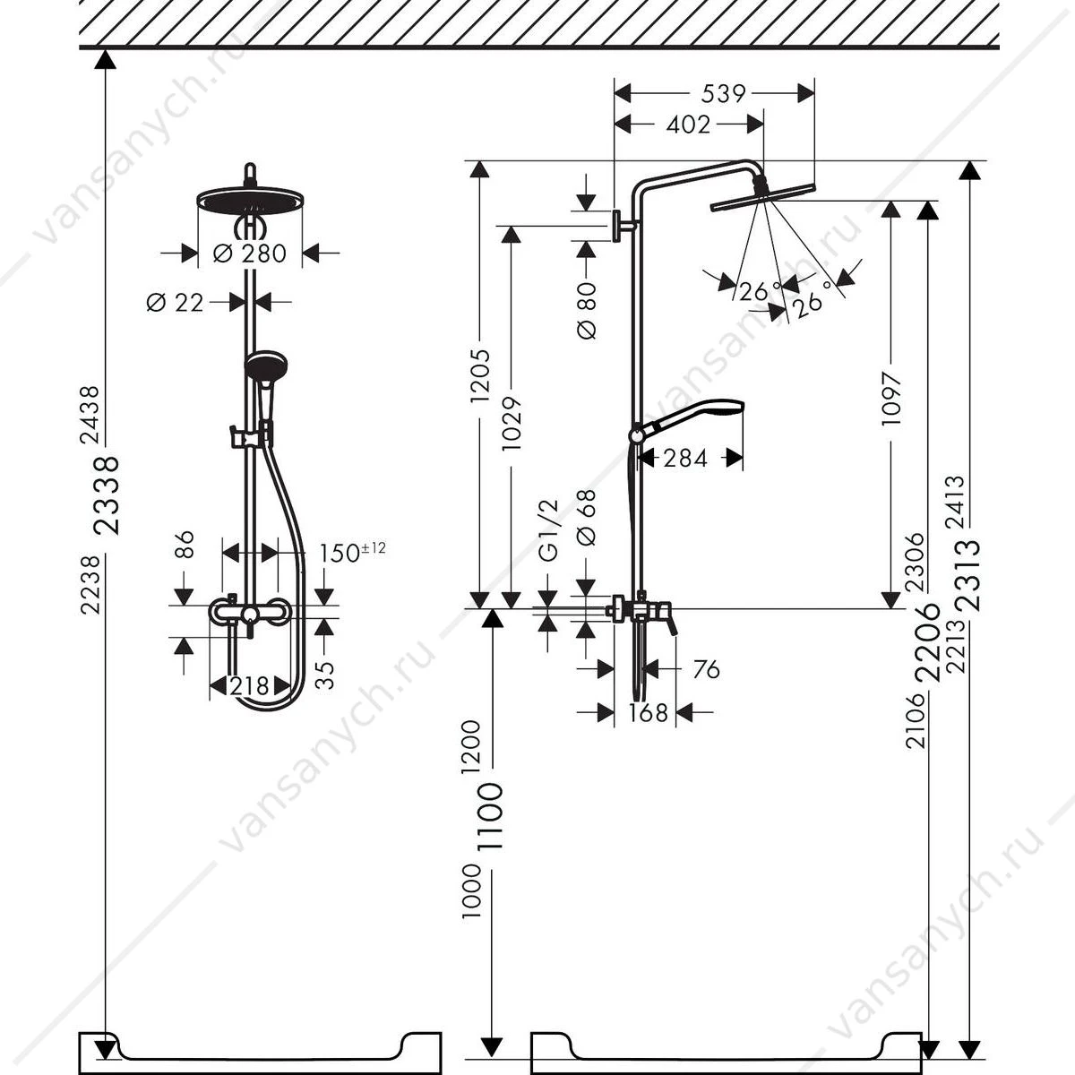 Душевая система HANSGROHE Croma Select 280 1jet showerpipe 26791000