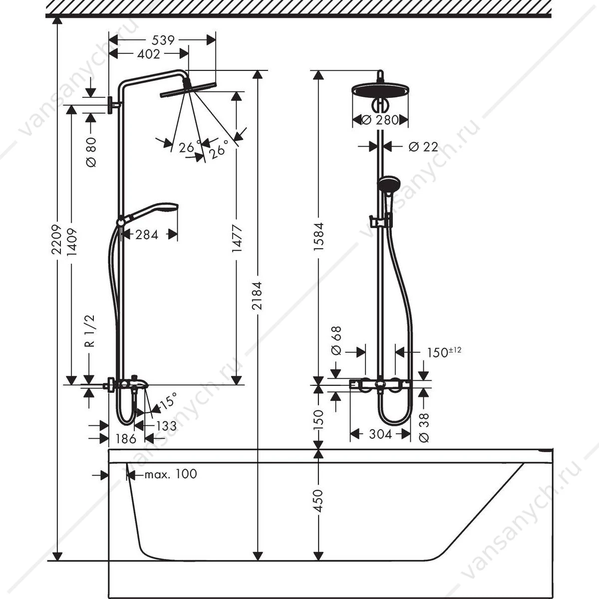 Душевая система с термостатом для ванны HANSGROHE Croma Select 280 1jet showerpipe 26792000