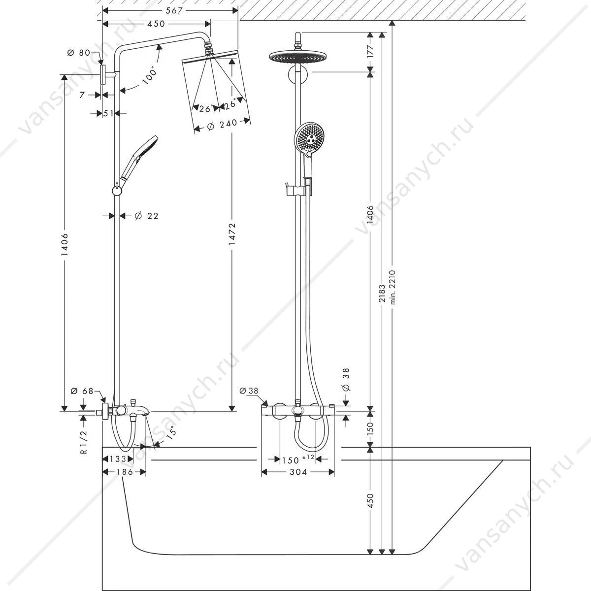 Душевая система для ванны с термостатом HANSGROHE Raindance Select 240 Showerpipe 27117000