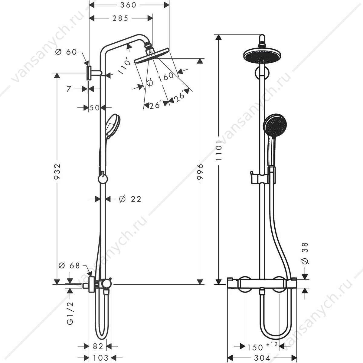 Душевая система с термостатом HANSGROHE Croma Showerpipe 160, 27135000