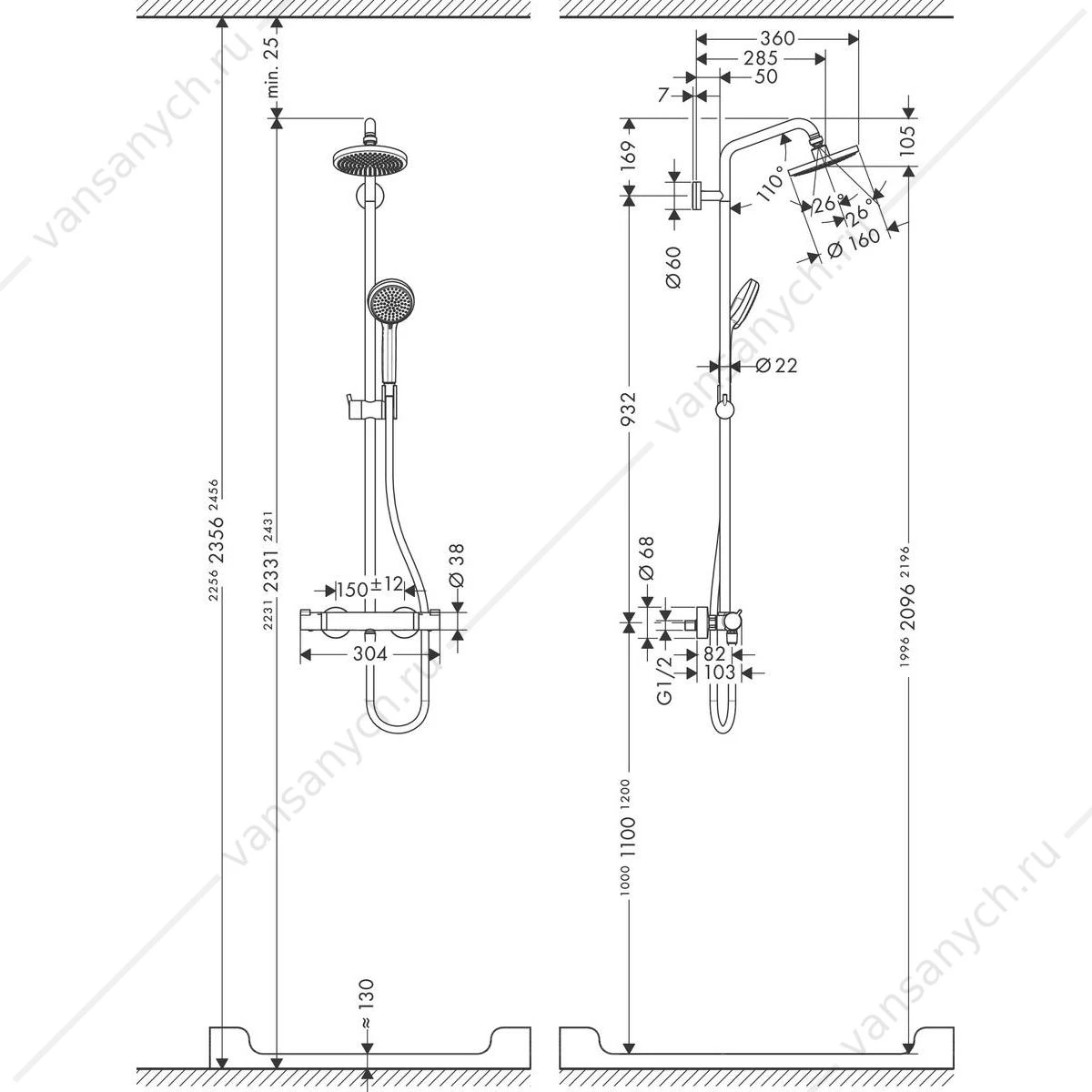 Душевая система с термостатом HANSGROHE Croma Showerpipe 160, 27135000