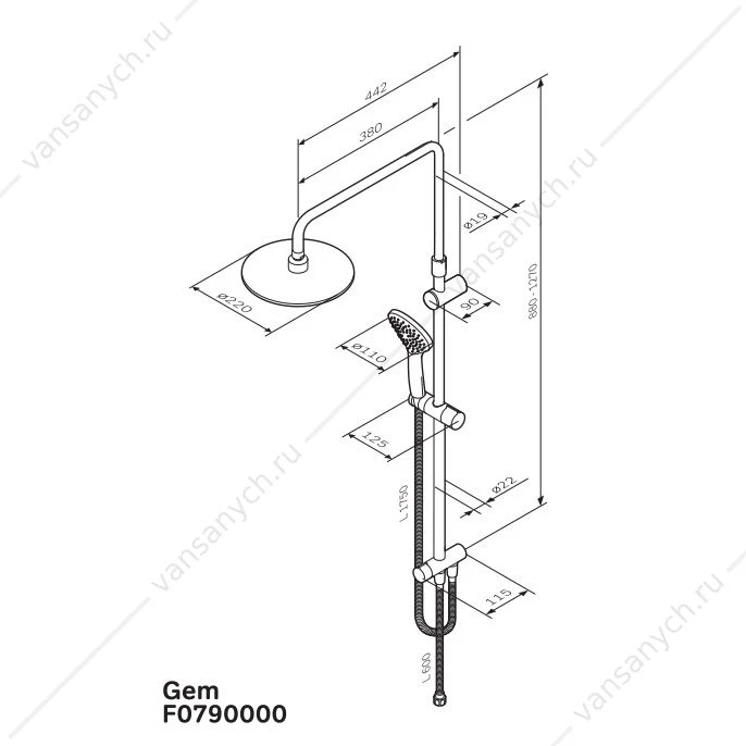 Душевая стойка AM.PM Gem, верхн.душ d 220 мм, ручн.душ, хром, F0790000