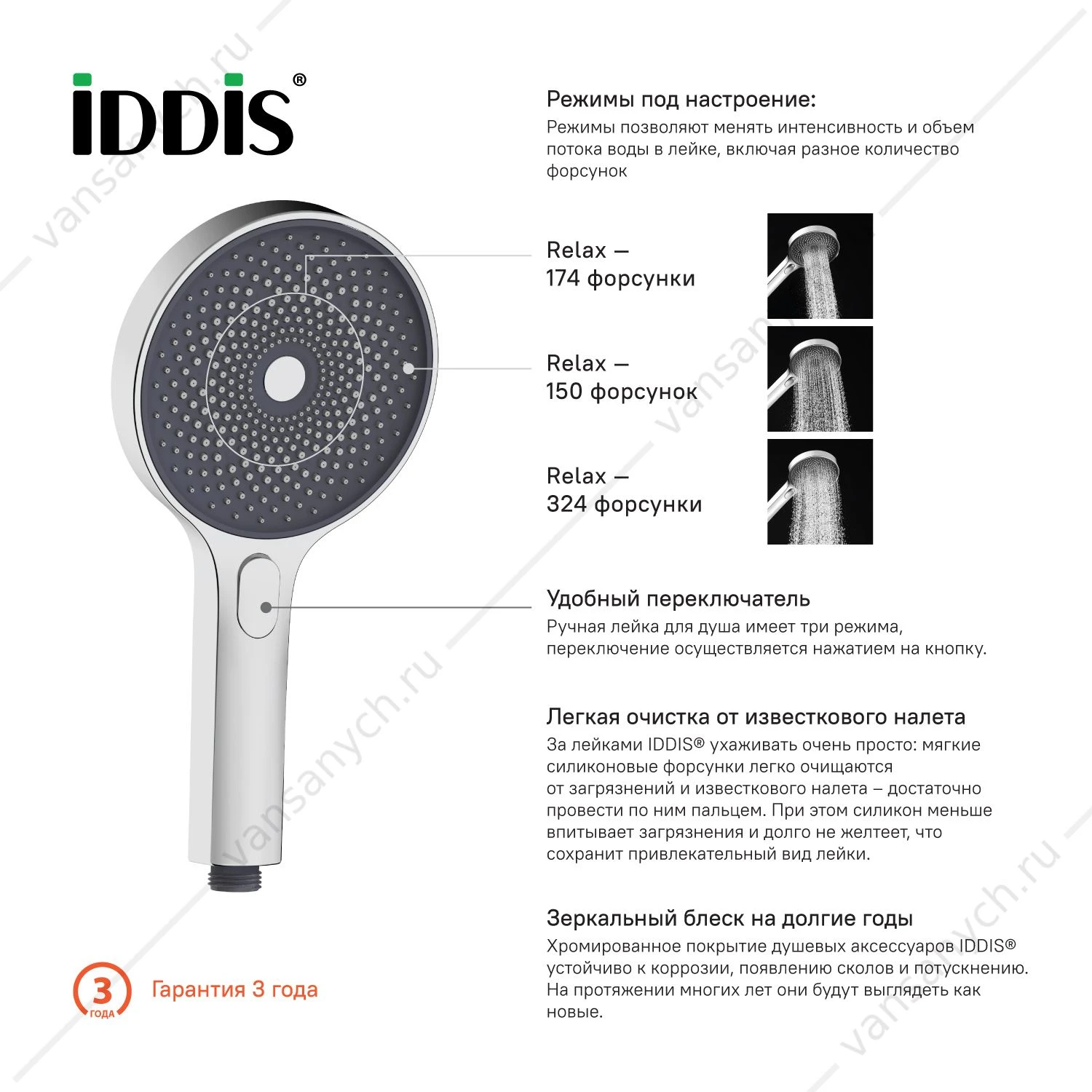 Лейка 3 режимная IDDIS SpaHome, SPA3F0Ci18, хром