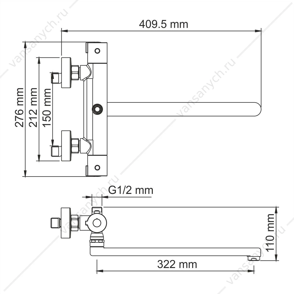 Смеситель термостат для ванны с длинным изливом Berkel 4822L Thermo, хром