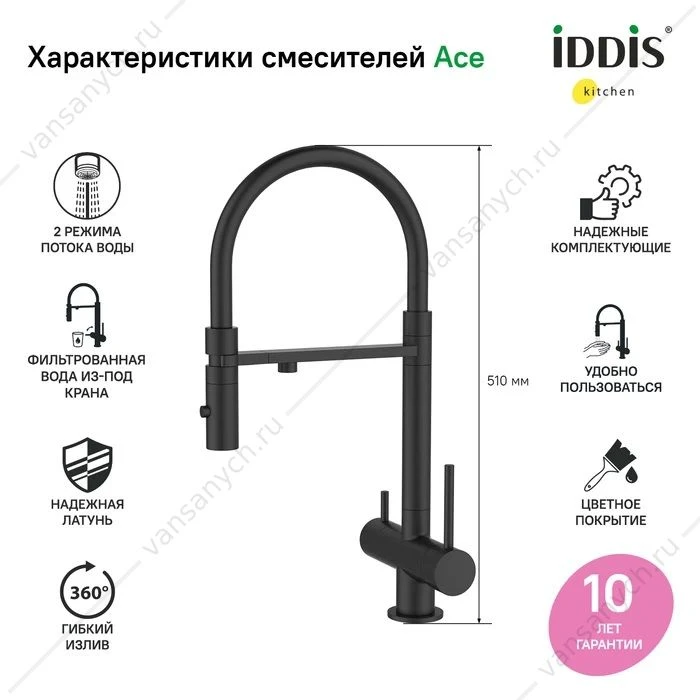 Смеситель для кухни с каналом для фильтрованной воды IDDIS Ace, черный, ACEBLFFi05