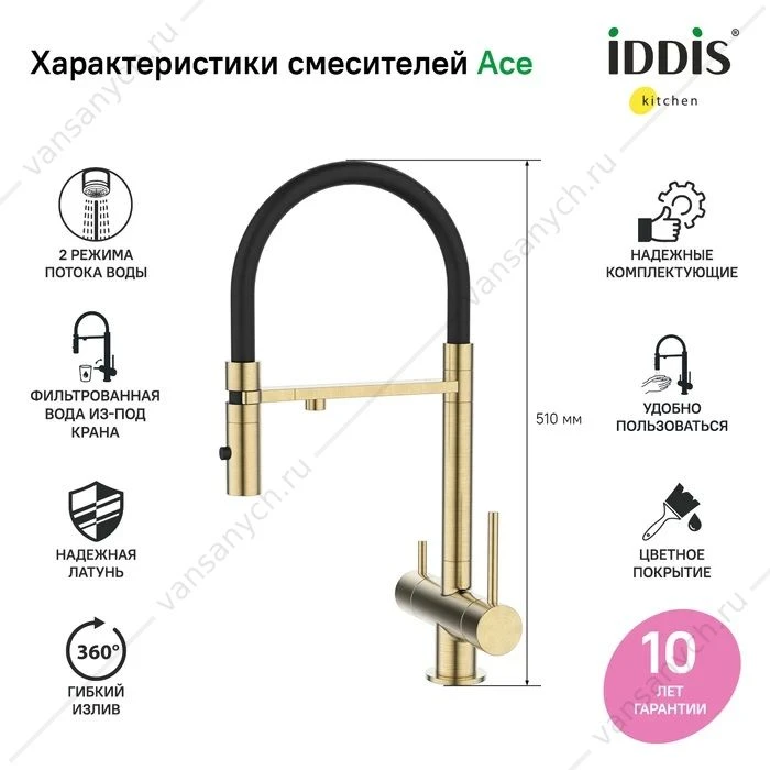 Смеситель для кухни с каналом для фильтрованной воды IDDIS Ace, золото матовое, ACEMGFFi05