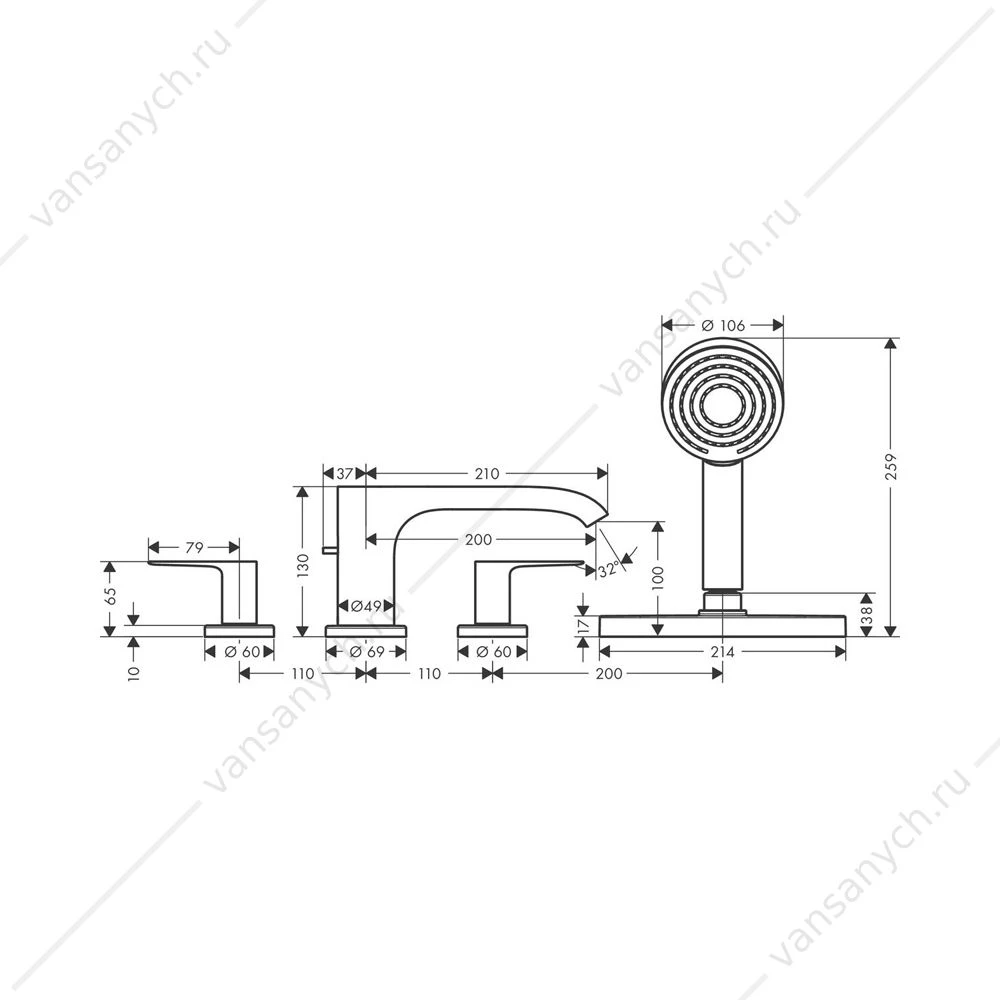 Смеситель на борт ванны Hansgrohe Vivenis, на 4 отверстия, с sBox 75444670, черный