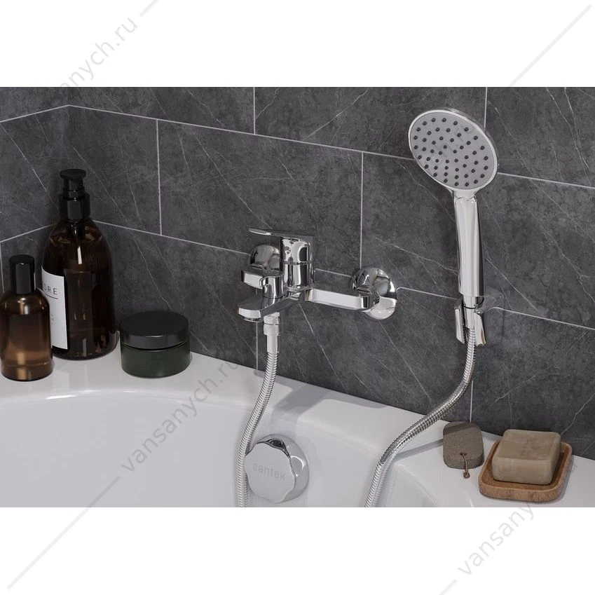 Смеситель для ванны SANTEK Кант, с лейкой, шлангом, держат., хром, WH5A10002C001
