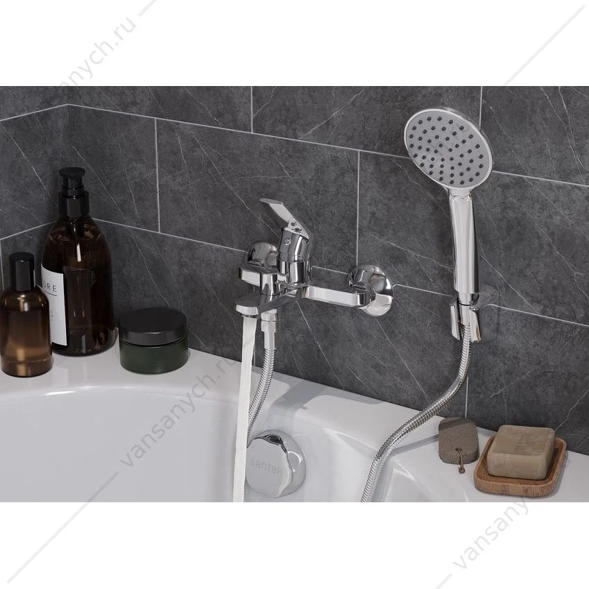 Смеситель для ванны SANTEK Кант, с лейкой, шлангом, держат., хром, WH5A10002C001