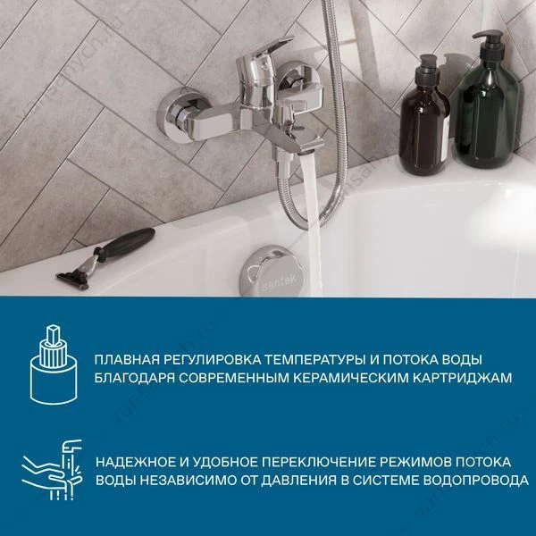 Смеситель для ванны SANTEK Найра, с лейкой, шлангом, держат., хром, WH5A10001C001