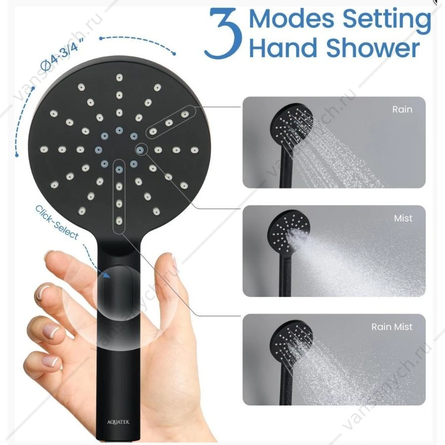 Лейка для душа AQUATEK ОБЕРОН, Select 120 3 jet, матовый черный AQ2006MB