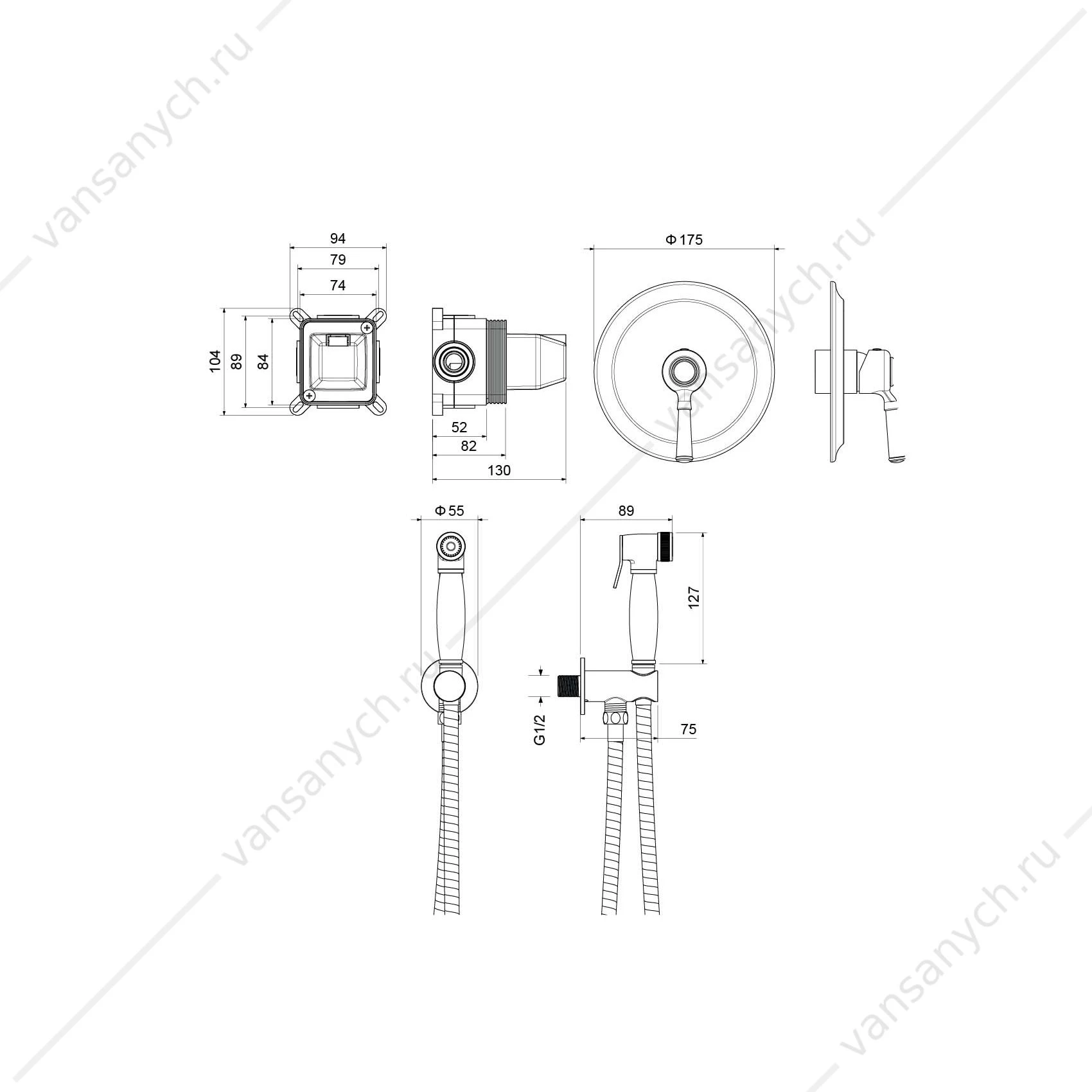 Гигиенический душ встраиваемый (смеситель, лейка, шланг, соединение с держателем) AQUATEK, матовый черный AQ1519MB Классик