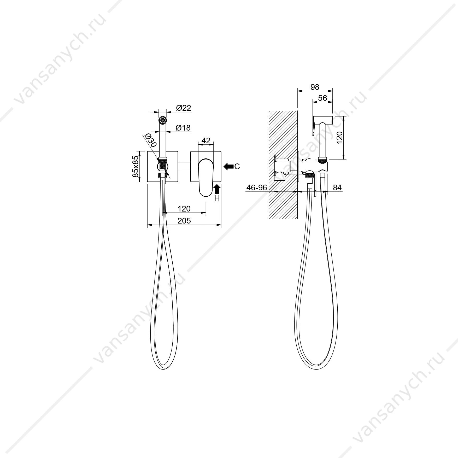 Гигиенический душ  2 отв. AQUATEK Оберон, шлиф.золото, встраиваемый, AQ1220BG