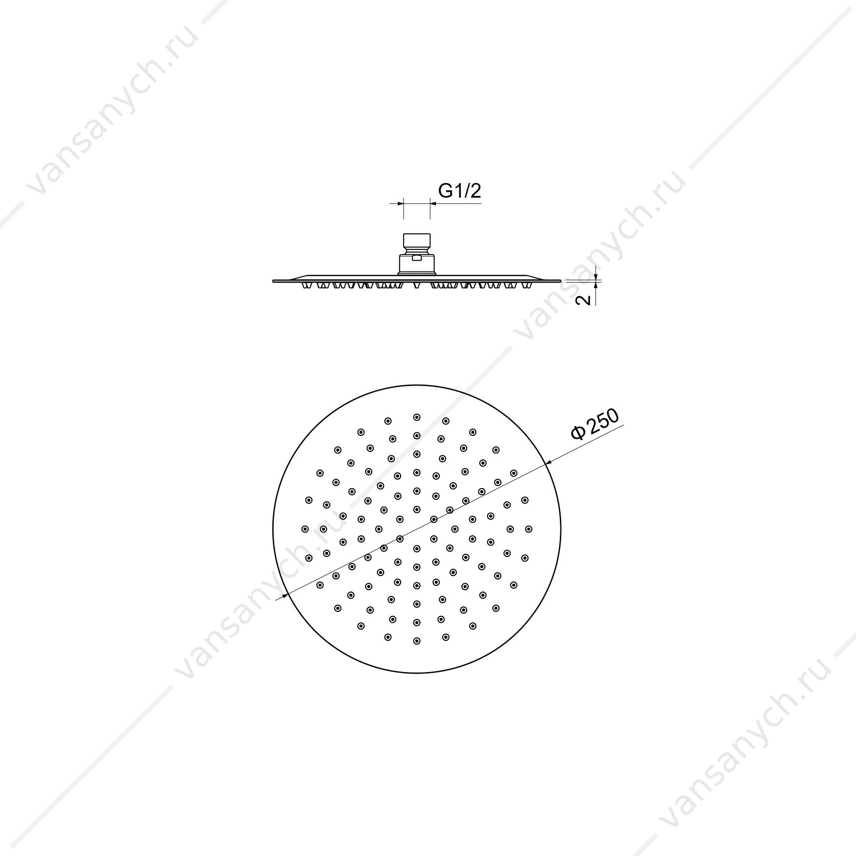 Верхний душ 25см AQUATEK, шлиф. золото, круглый, AQ2073BG
