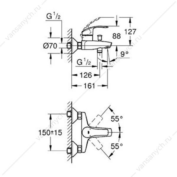 GROHE. Смеситель для ванны Eurosmart 2015, настенный монтаж, 33300002