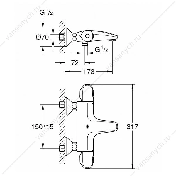 GROHE. Термостат для ванны Grohtherm 1000 ,1/2 настенный монтаж, 34155003