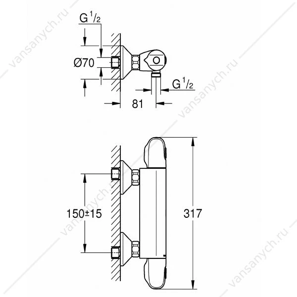 GROHE. Термостат для душа Grohtherm 1000 New, настенный монтаж, 34143003