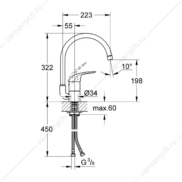GROHE. Смеситель для мойки Euroeco, высокий излив, 32752000