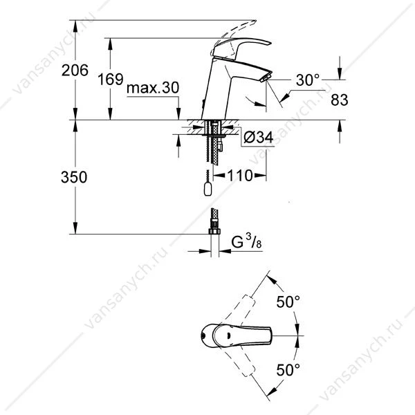 GROHE. Смеситель для раковины Eurosmart, с цепочкой, средний излив, 23323001