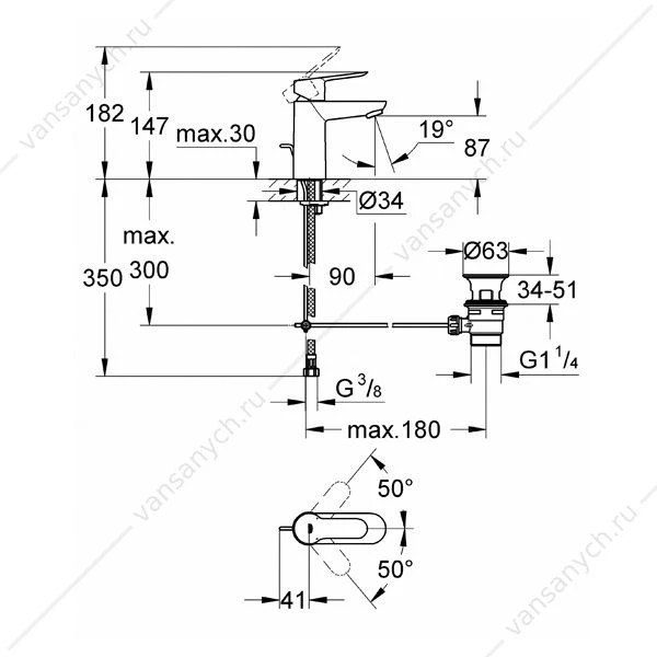 GROHE. Смеситель для раковины BauEdge, сливной гарнитур, 23328000