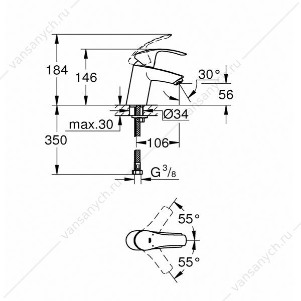 GROHE. Смеситель для раковины Eurosmart 2015, гибкая подводка, гладкий корпус, S-Size, 32467002