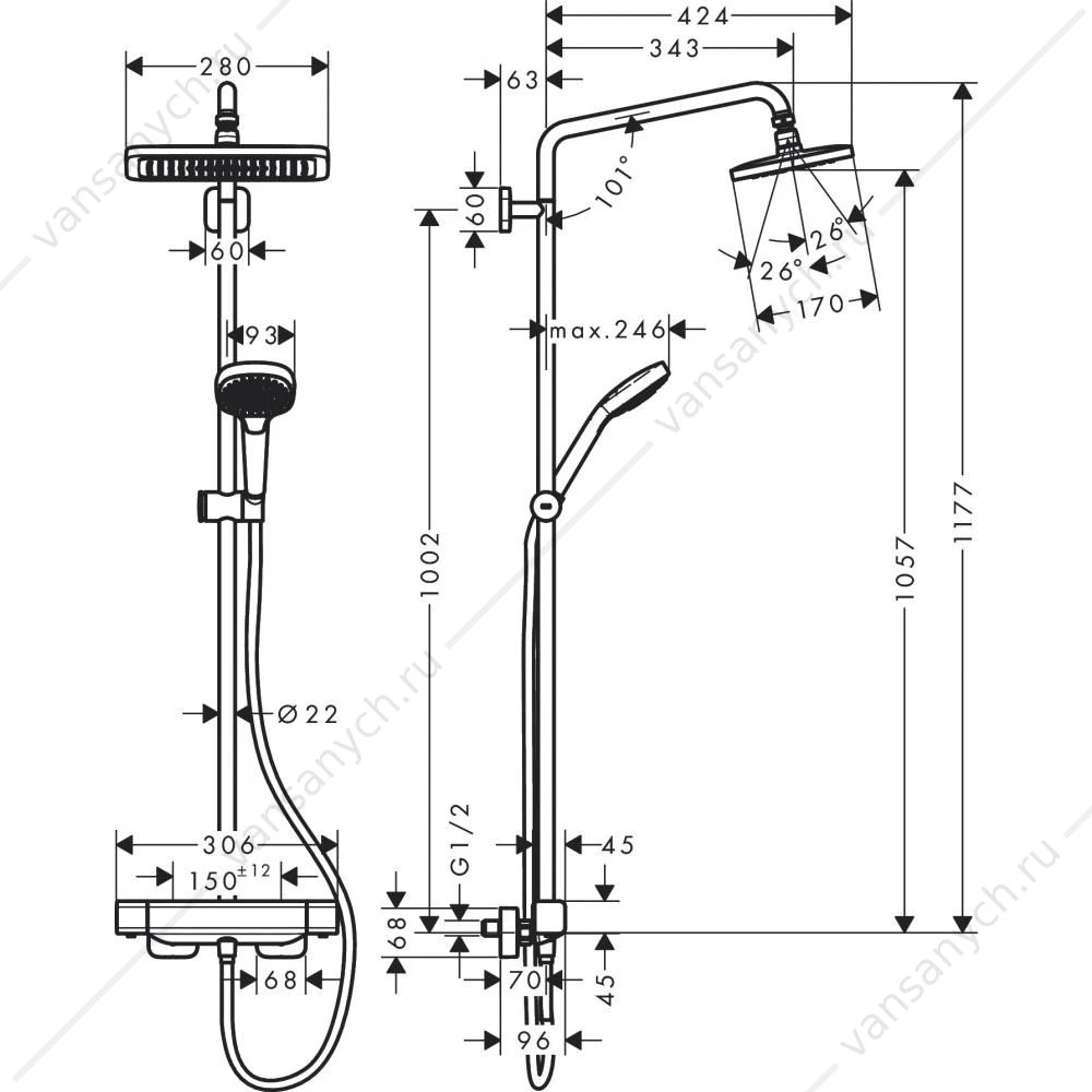 Душевая система с термостатом и тропическим душем Hansgrohe Croma E Showerpipe 280 1jet 27630000