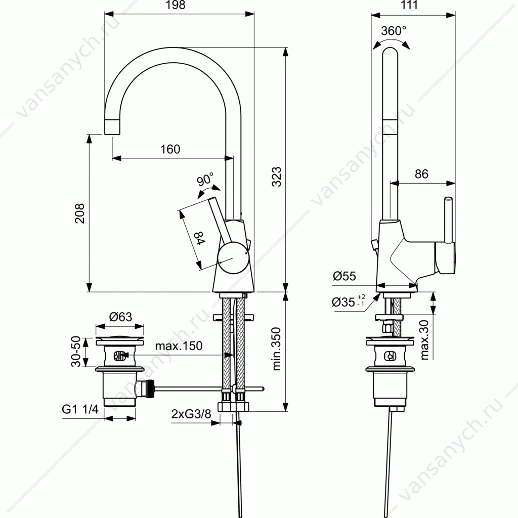 Смеситель для умывальника Ideal Standard CERALINE, с донным клапаном BC195AA