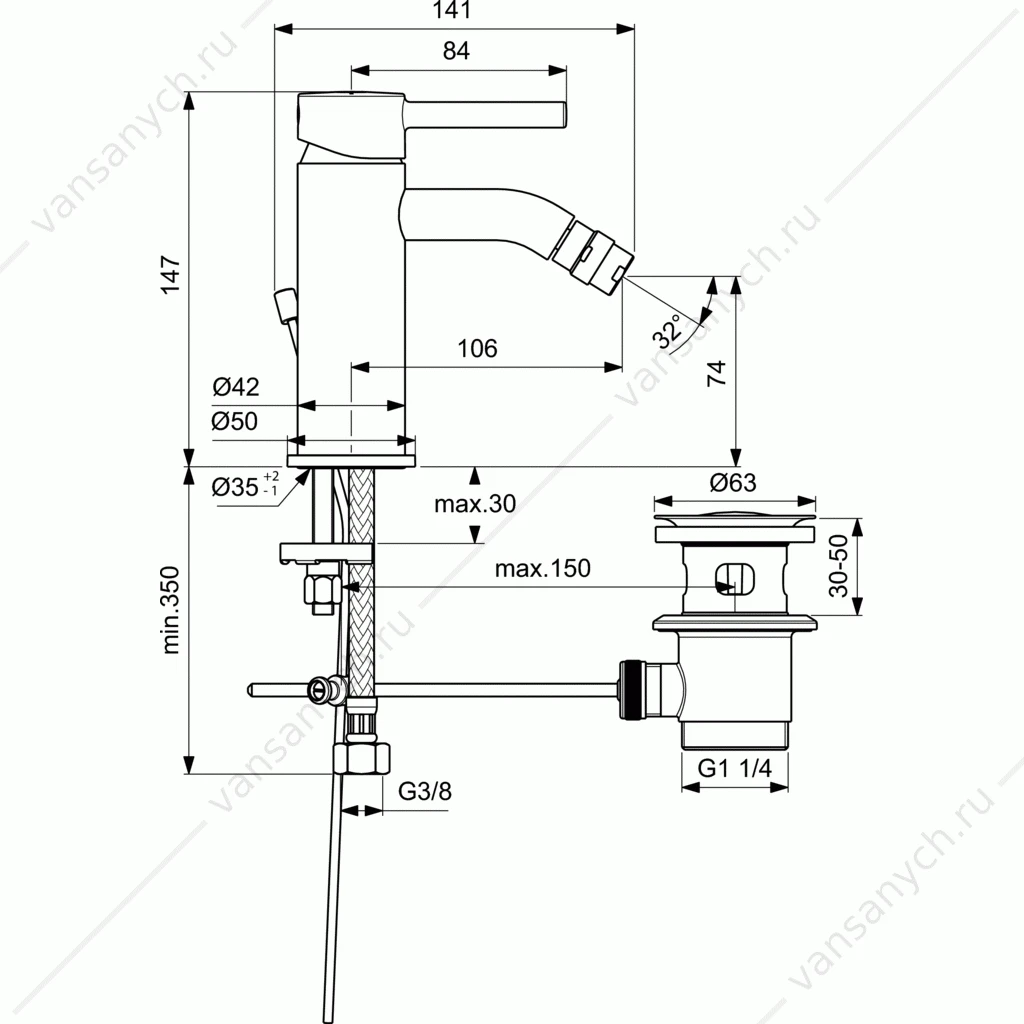 Смеситель для биде Ideal Standard CERALINE, с донным клапаном BC197AA