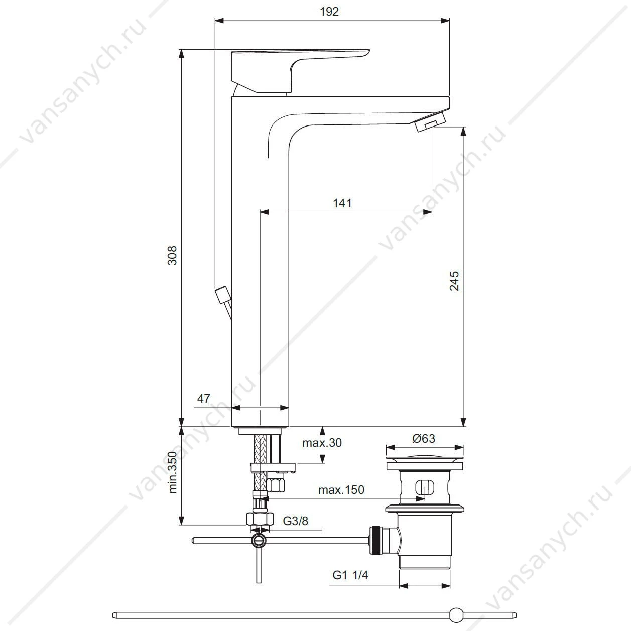 Смеситель для умывальника Ideal Standard CERAPLAN III SLIM Vessel  с высоким изливом H250 BC561AA