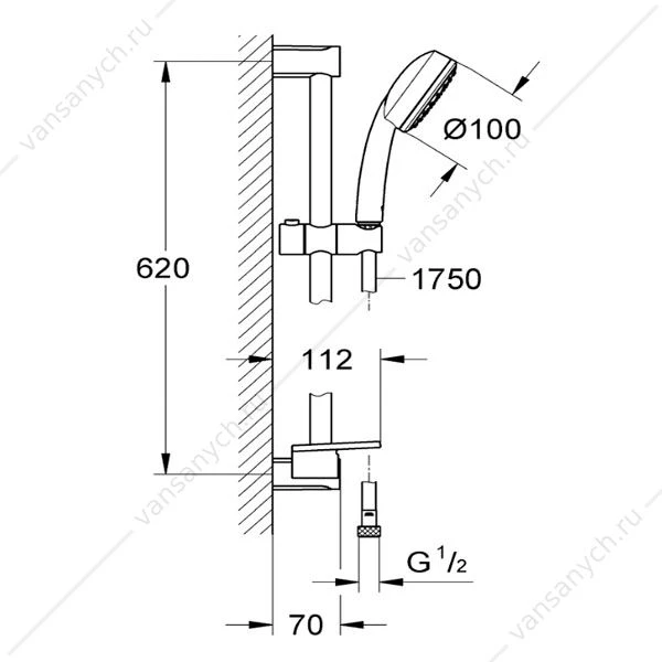 GROHE. Душевой гарнитур New Tempesta Cosmopolitan 100, душевая штанга 600 мм, 26083002
