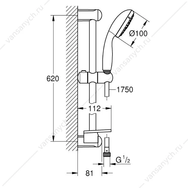 GROHE. Душевой гарнитур Tempesta New III с полочкой, душевая штанга 600 мм, 27927001