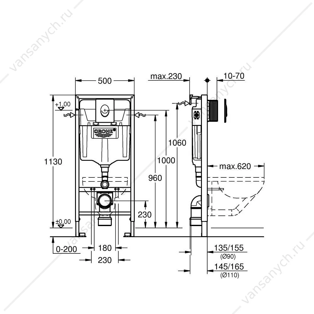 Инсталляция с кнопкой смыва Grohe Rapid SL Skate Air, кнопка альпин-белый, 38722001