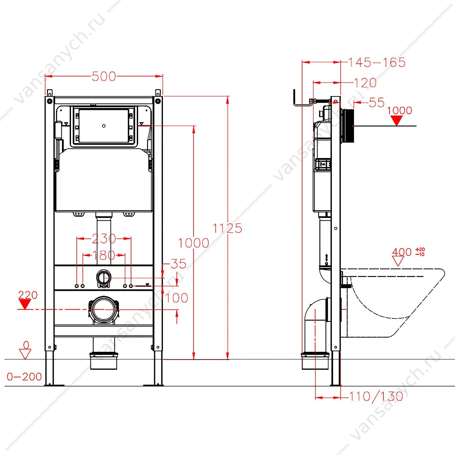 Инсталляция для унитаза AZARIO NEW сталь, пластик, 2-х режимный смыв 3/6 л. AZ-501A