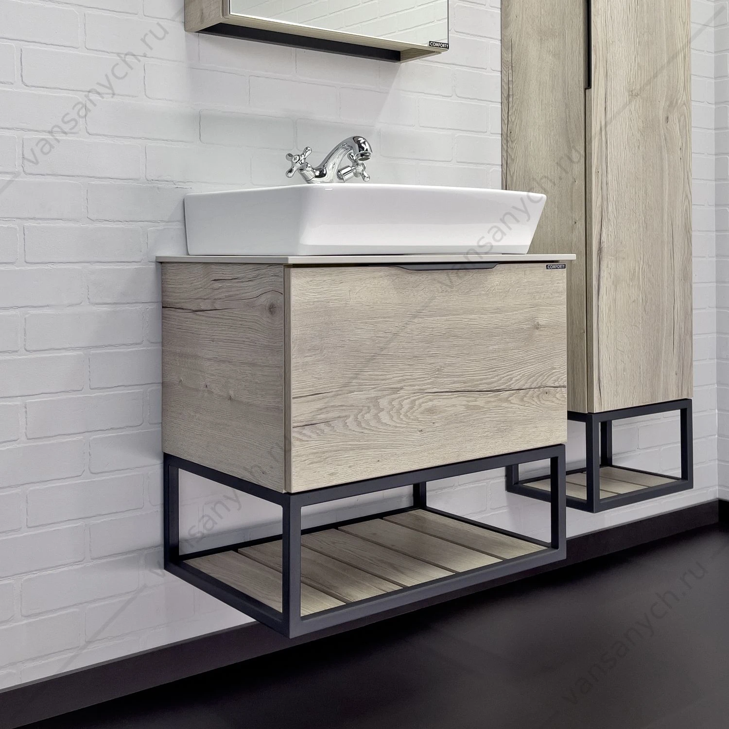 Тумба с раковиной 60 COMFORTY Порто дуб дымчатый с белой столешницей №8 c раковиной COMFORTY 9055RA-50, 00-00011395CF