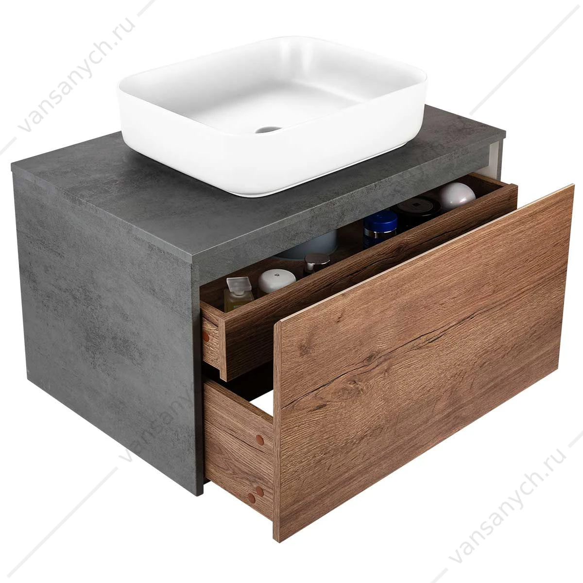 Тумба 80 под керамич. раковину Mesa подвесная, 1 выкатной/1 скрытый ящик, T.Oak + Beton, VMC-2MS800TB