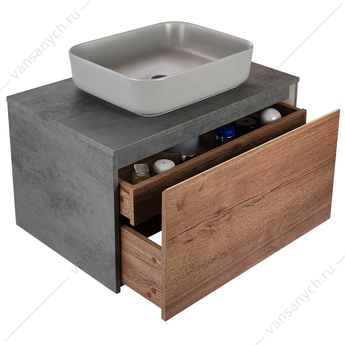 Тумба 80 под керамич. раковину Mesa подвесная, 1 выкатной/1 скрытый ящик, T.Oak + Beton, VMC-2MS800TB