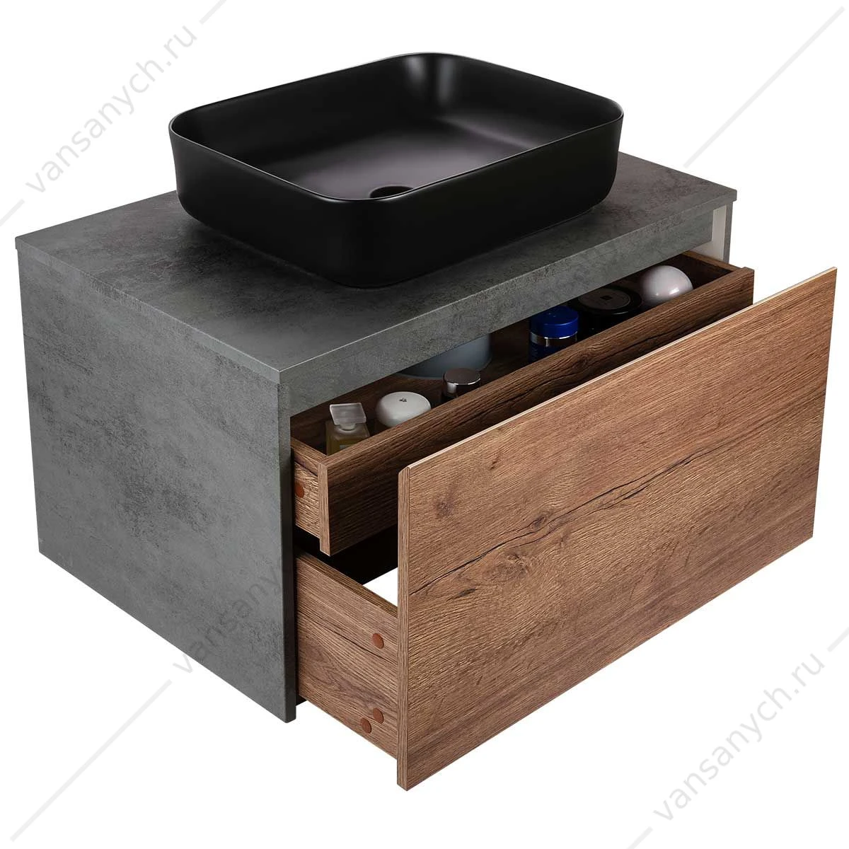 Тумба 80 под керамич. раковину Mesa подвесная, 1 выкатной/1 скрытый ящик, T.Oak + Beton, VMC-2MS800TB