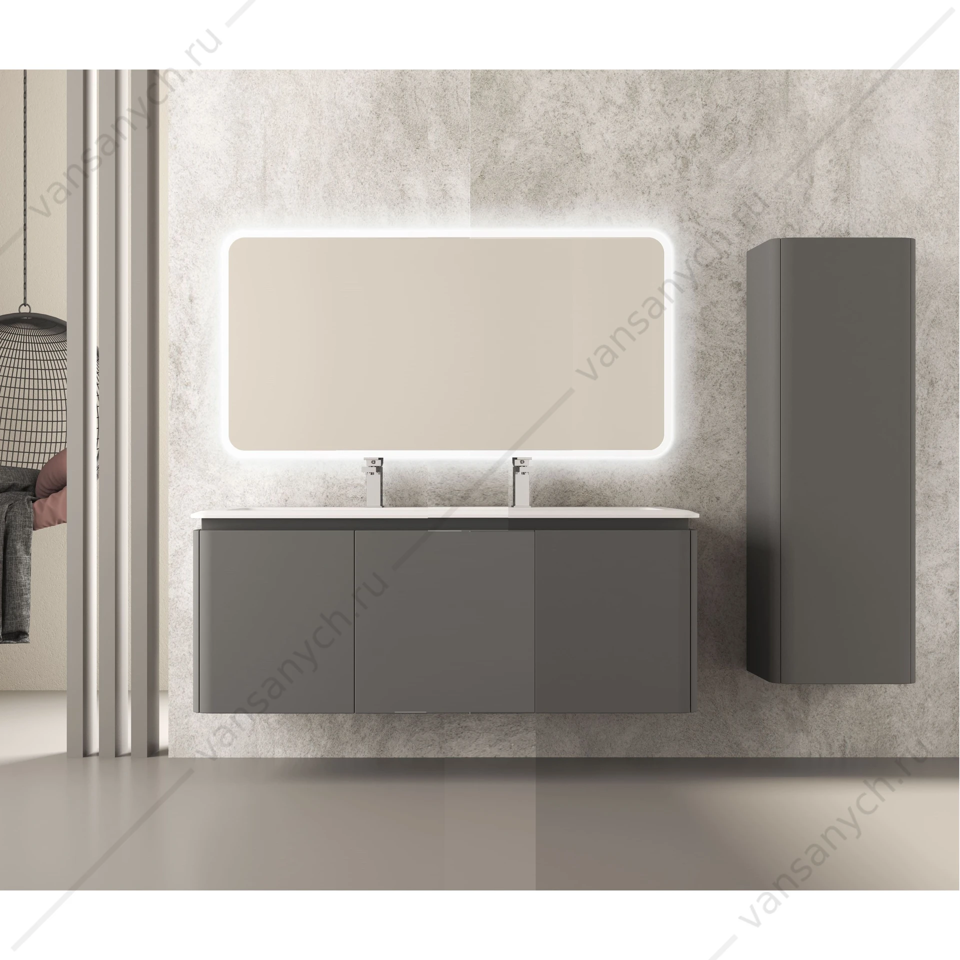 Тумба под раковину 140 CEZARES STYLUS, шесть ящиков, подвесная, Grigio nuvola (серый), 55233