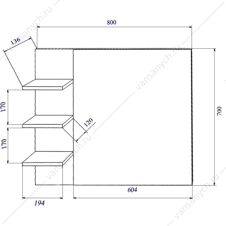 Зеркало Ингрид 80 R, 3 полки, SANFLOR С000005875