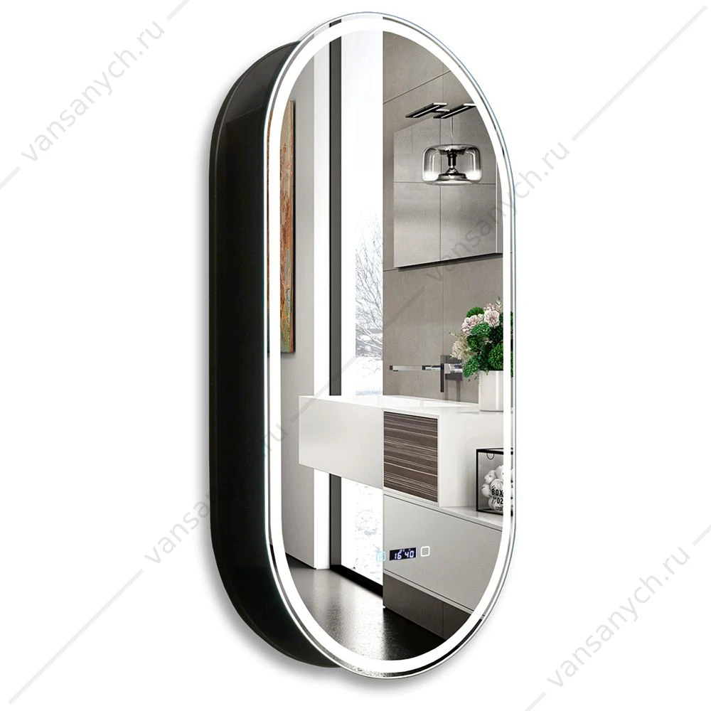 Зеркало-шкаф 50 AZARIO Soho Black 500х1000 - 3.1 ЖК-часы, подогрев, сенсор. выкл. с функцией диммера LED-00002612