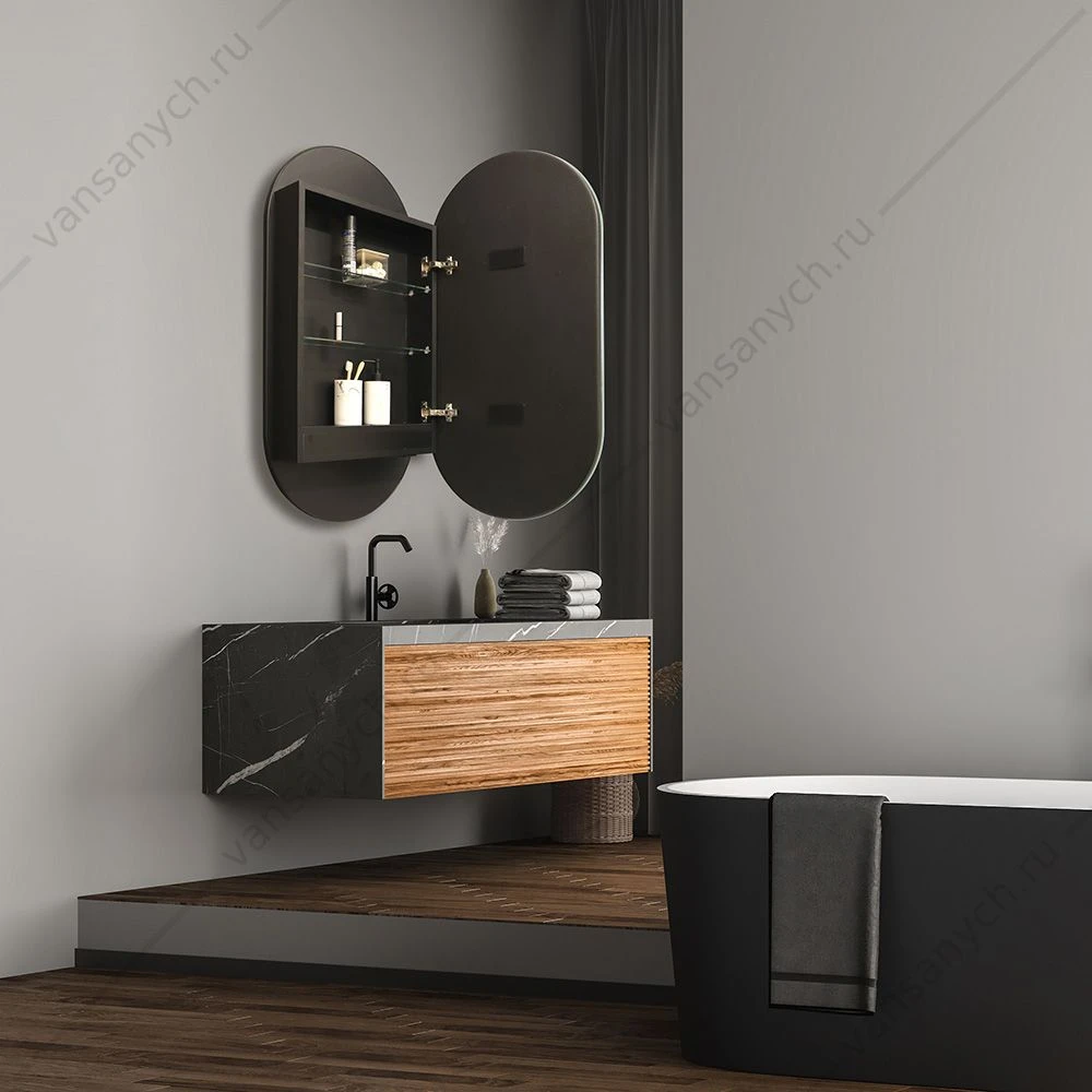 Зеркало-шкаф 50 AZARIO Soho Black 500х1000 - 3.1 ЖК-часы, подогрев, сенсор. выкл. с функцией диммера LED-00002612