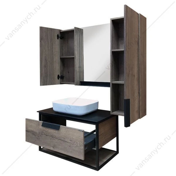 Тумба с раковиной COMFORTY Кёльн-90-1 дуб темный с черной столешницей