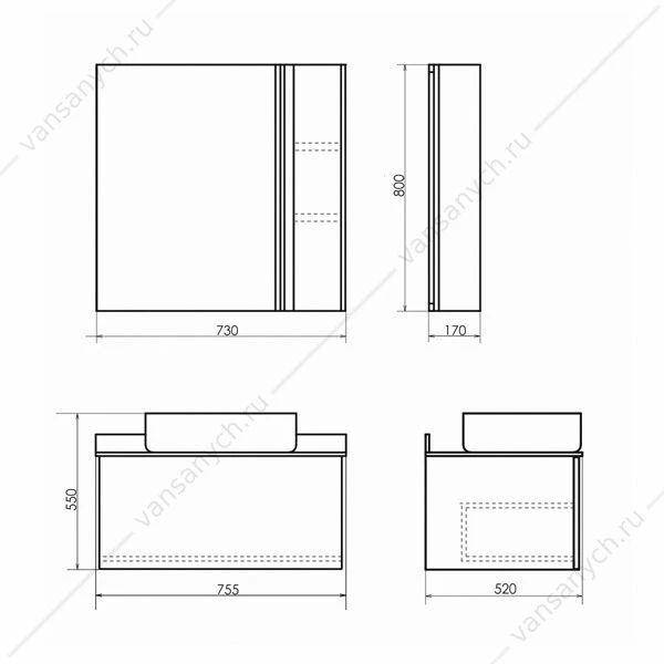 Тумба с раковиной COMFORTY Эдинбург-75 бетон светлый с черной столешницей, раковина T-Y9378
