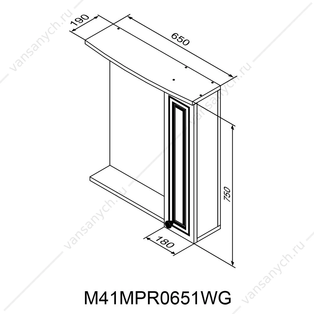 Зеркало-шкаф  RedBlu Palace One, правый, 65 см, с подсветкой, белый, M41MPR0651WG