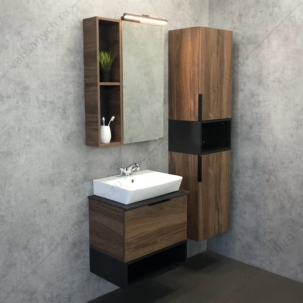 Тумба-умывальник COMFORTY Штутгарт-60 дуб тёмно-коричневый с черной столешницей c рак. 9055RA-50