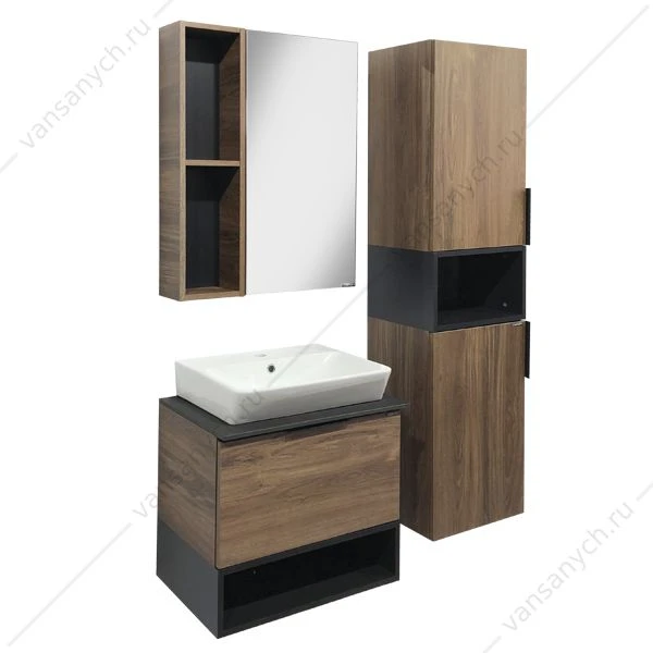 Тумба-умывальник COMFORTY Штутгарт-60 дуб тёмно-коричневый с черной столешницей c рак. 9055RA-50