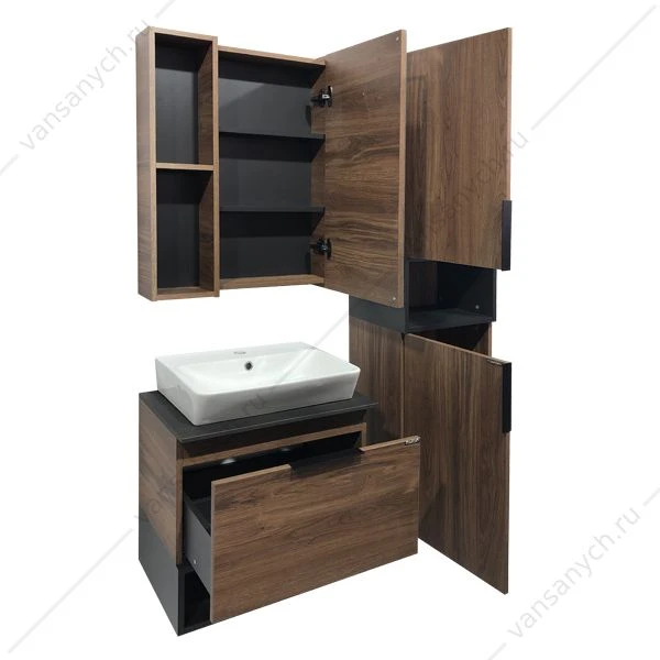 Тумба-умывальник COMFORTY Штутгарт-60 дуб тёмно-коричневый с черной столешницей c рак. 9055RA-50