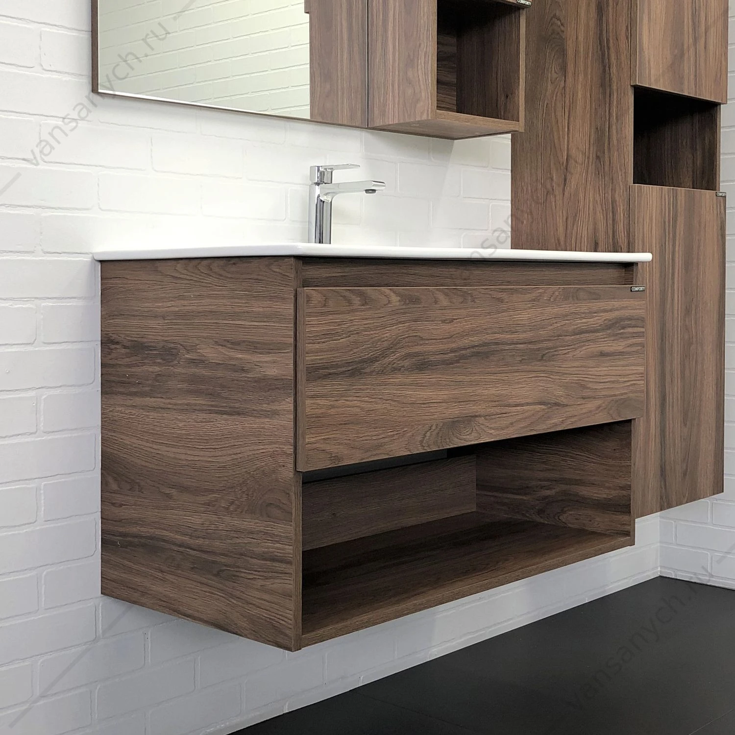 Тумба с раковиной COMFORTY Бордо-90 дуб темно-коричневый раковина Quadro 90